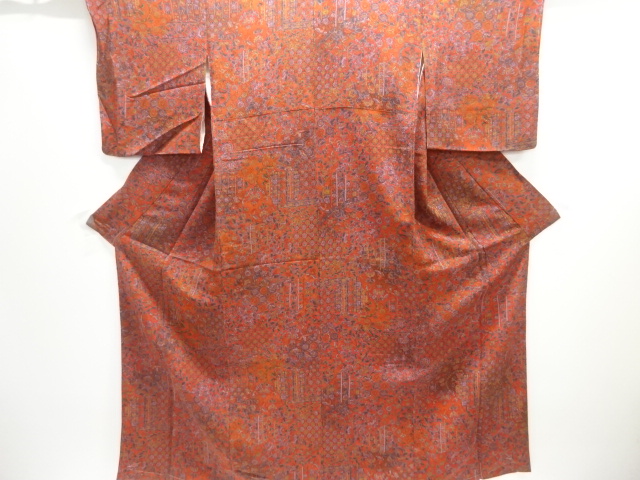 未使用品　縮緬地　裂取りに花鳥模様小紋着物